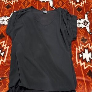 Black V-Neck Short Sleeve Women's Top with Pleated Shoulder Detail